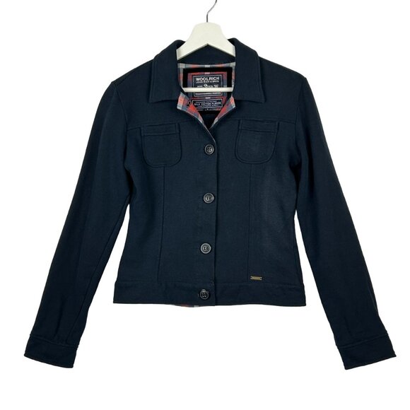 Vintage Woolrich Blazer Womens S Cotton Silk Y2K Jacket Blue Contrast Plaid Trim - Picture 1 of 13